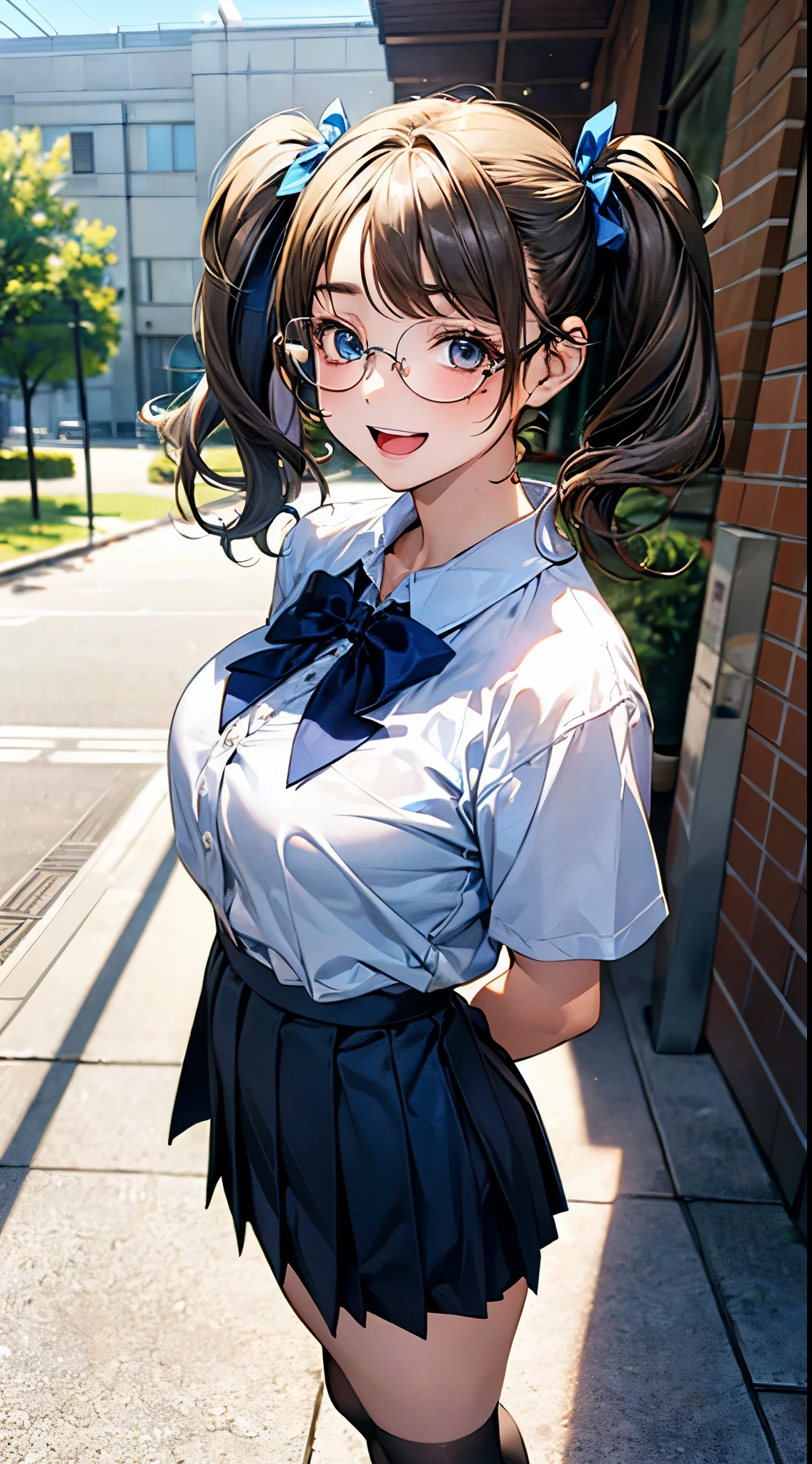 ((perfect anatomy, anatomically correct, super detailed skin)), 
1 girl, japanese, 16 years old, shiny skin, large breasts:0.5, front view, watching the view, 
beautiful hair, beautiful face, beautiful detailed eyes, (short hair:1.5, twintails:1.7), brown hair, blue eyes, babyface, mole under eye, 
((summer , white y-shirt:1.1, dark blue skirt, pleated skirt:1.1, glasses, dark blue socks, black loafers, )), 
((smile:1.5, open mouth)), standing, walking, 
(beautiful scenery), gymnasium, 
(8k, top-quality, masterpiece​:1.2, extremely detailed), (photorealistic:1.2), sunlight, beautiful art, visual art, depth of fields, natural lighting,