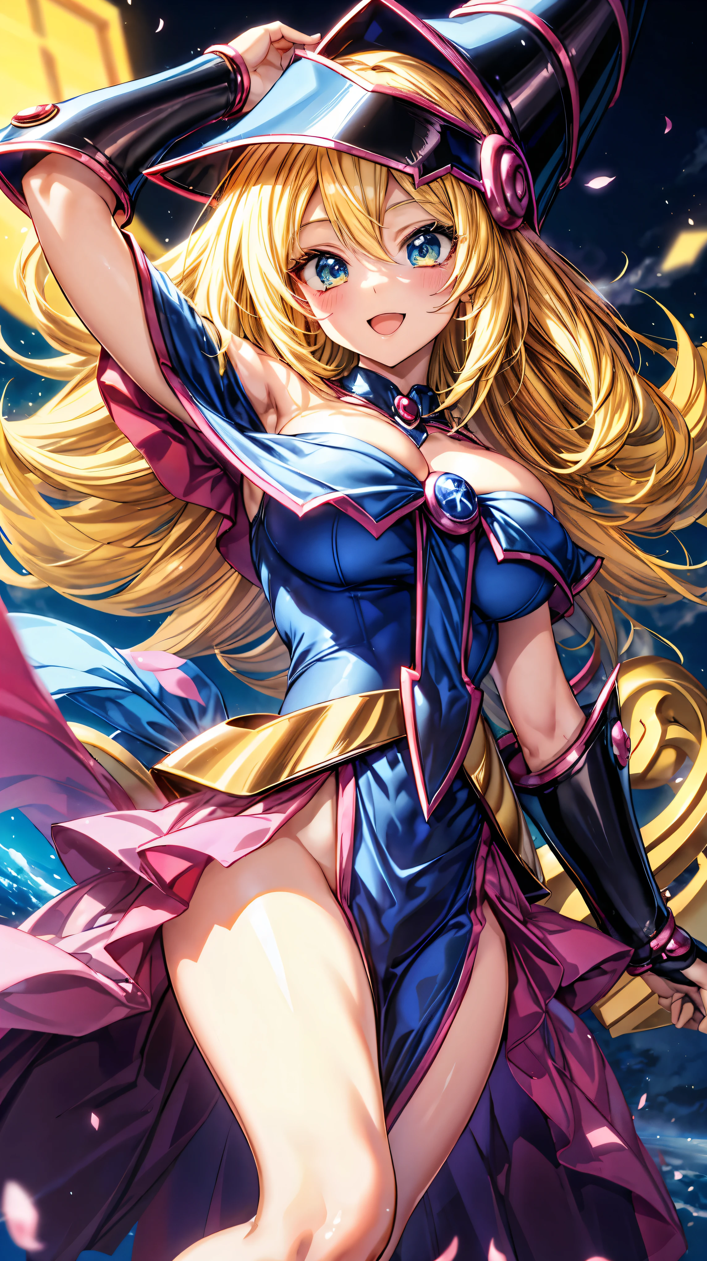 Black Magician Girl、super breasts、thick thighs、blonde hair、magic circle、magic wand、Leotards that dig into the buttocks、8K, 4k, highest quality, High resolution: 1.2),wink