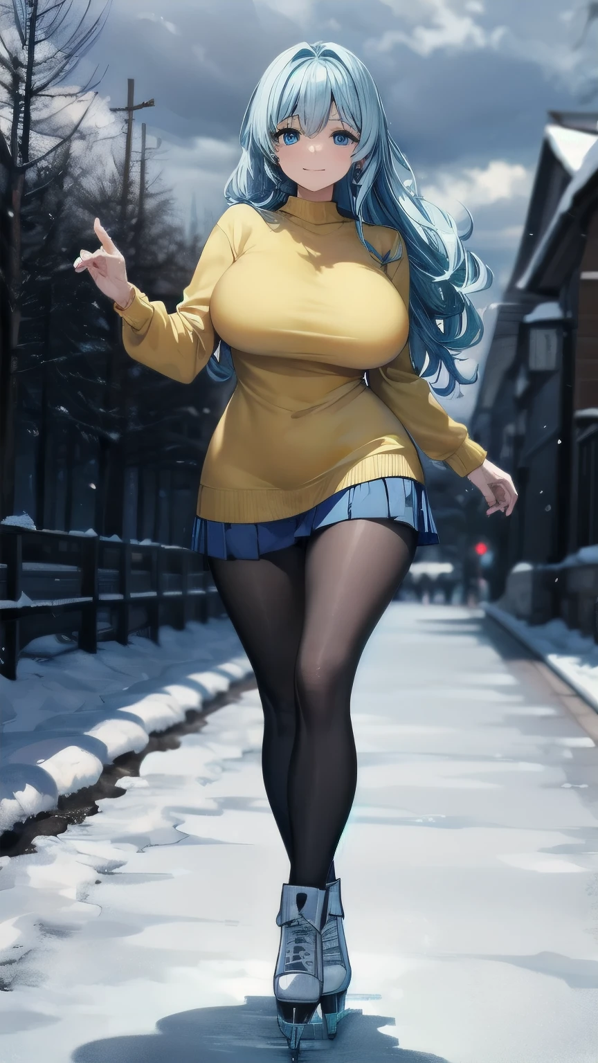 (masterpiece), best quality, emotionless eyes, perfect face, 1girl, solo, huge breasts, sad, blunt bangs, hourglass figure, milf, mother, long hair, wavy hair, (light blue hair BREAK light blue eyes BREAK) lipstick, snow forest, ice, icy floor, cloudy sky, ice skates, standing, yellow sweater BREAK black pantyhose BREAK blue skirt BREAK closed mouth, smile, dancing on ice, 