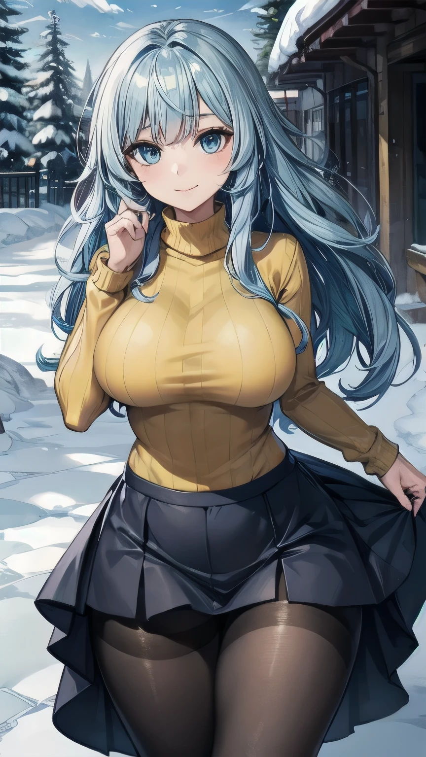 (masterpiece), best quality, emotionless eyes, perfect face, 1girl, solo, huge breasts, sad, blunt bangs, hourglass figure, milf, mother, long hair, wavy hair, (light blue hair BREAK light blue eyes BREAK) lipstick, snow forest, ice, icy floor, cloudy sky, ice skates, standing, yellow sweater BREAK black pantyhose BREAK blue skirt BREAK closed mouth, smile, dancing on ice, 