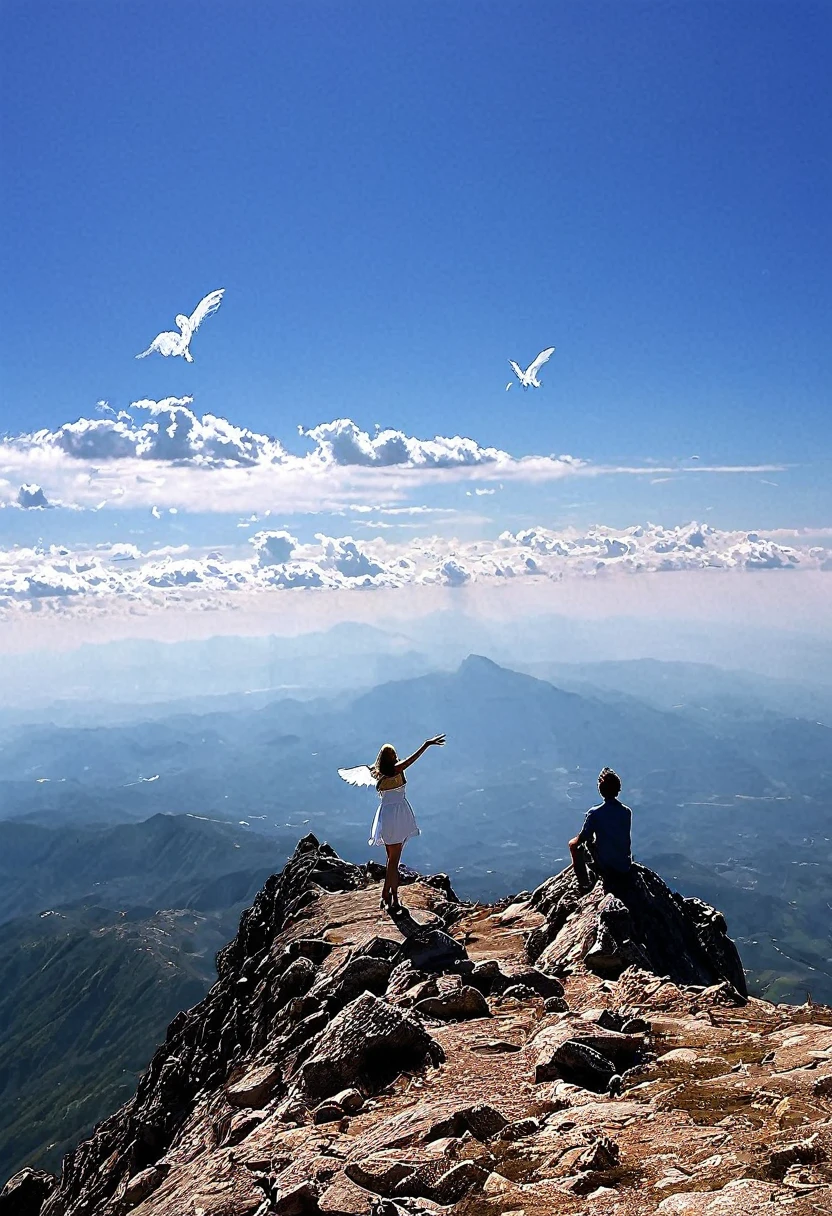 I want the image to show a mountain and around it it is perverted that in that image a young man appears on top of the mountain looking towards the sky and that the sky is clearly visible in that image a woman Angel is shown in the sky saying goodbye to the young
