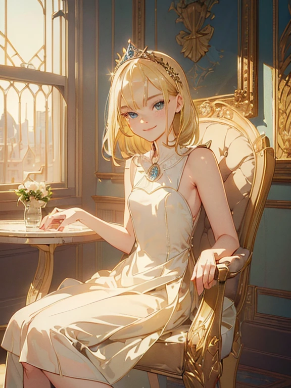 ((( masterpiece ))) ((( background : in s castle : elegant room))) ((( character : Elle Fanning : elegant blonde hair : small breast : princess dress : fit body :  : sitting on a chair : innocent smile )))