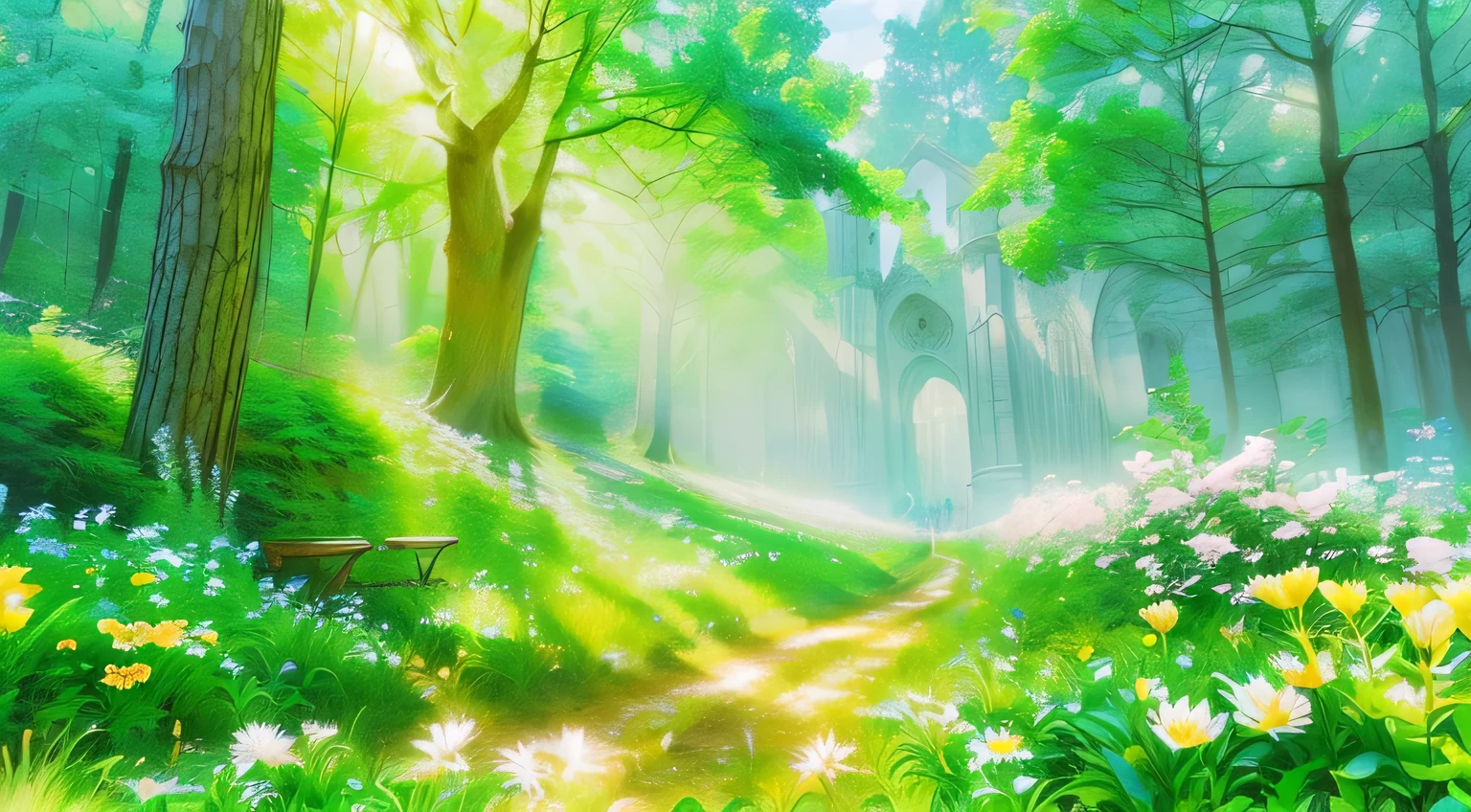 il y a une photo d'a forest with flowers and a bench, anime luxuriant john 8k bois, animated, nature, anime beautiful scene of peace, Magic forest backround, animated, nature wallpap, forest ray light, beautiful forest, beautiful forest scenery, bright forest, beau paysage animated, Magic forest background, fantastic and magical forest, Magic forest, art de fond animated