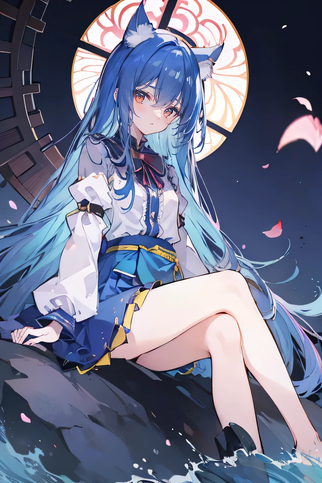 (masterpiece:1.2),Super detailed,Practical,expressive eyes,Fair skin,Perfect face shaping,1 Girl,
Japanese cartoons,Gorgeous blue hair, the long flowing blue hair,Floating clothes,Cat ears,Petals falling,beautiful lola,Young Angel,
Hands on waist,sit elegantly on the ground,Cross your legs,Gentle and peaceful background,Cool and cozy pavilion,Sunset,