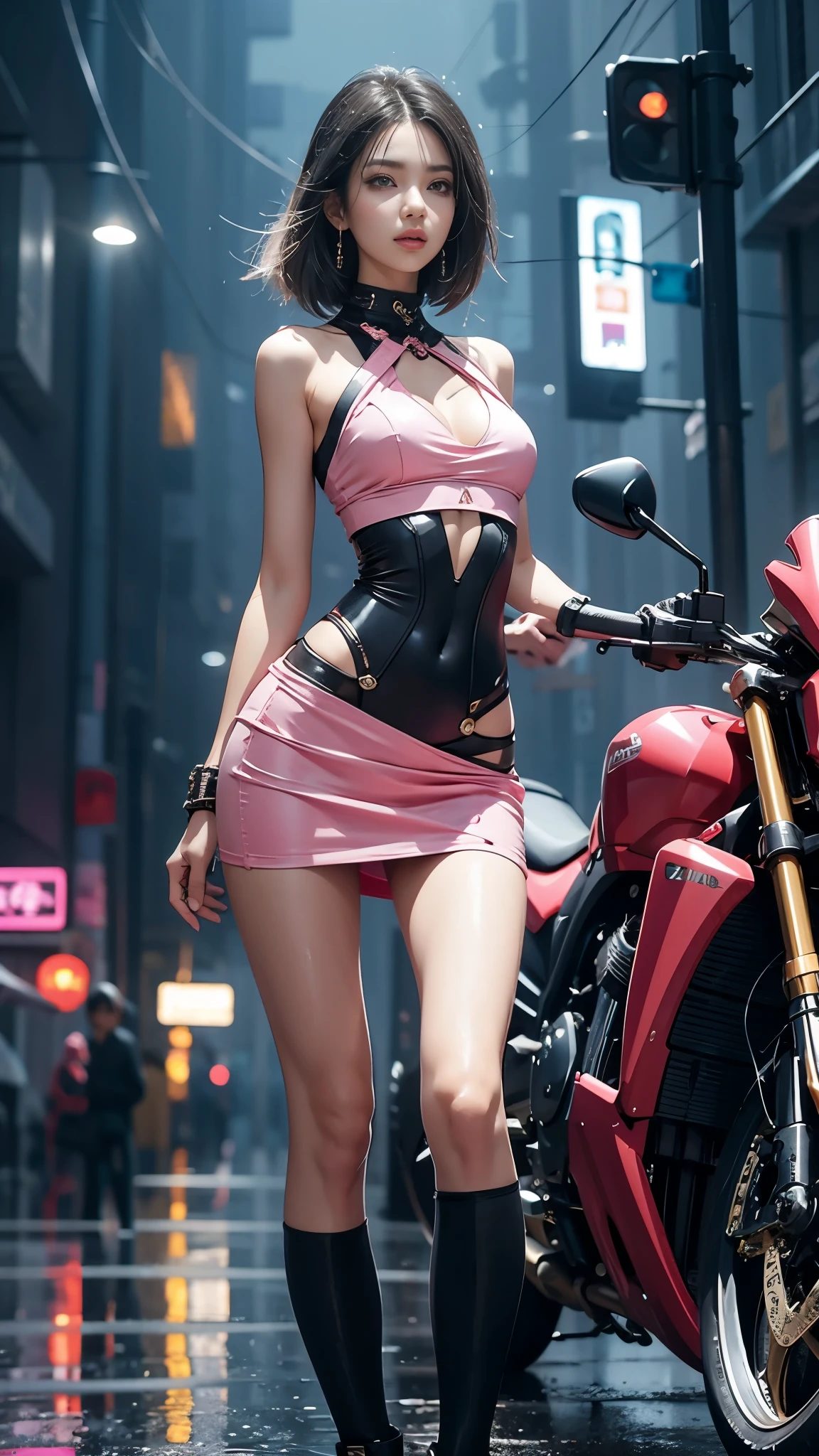 (Realistic:1.3, 16k, highest quality, masterpiece, Ultra-high resolution), ((rain, From below)), Perfect dynamic composition:1.2, (Modern futuristic city at night, Expressions of sadness:0.5, motorcycleを運転する:0.5), Highly detailed skin and facial textures:1.2, Young Japanese Woman, Incredibly slim body, Fair skin, Sexy beauty, Very beautiful face, beautifully、aesthetic, (Pink tight skirt, Wear cyberpunk clothes), (Shapely breasts, Chest gap), (Big eyes that exude beautiful eroticism, Lips that exude beautiful eroticism), necklace, Earrings, bracelet, wedding ring, Shoulder bag, clock, sunglasses, motorcycle, Cowboy Shot