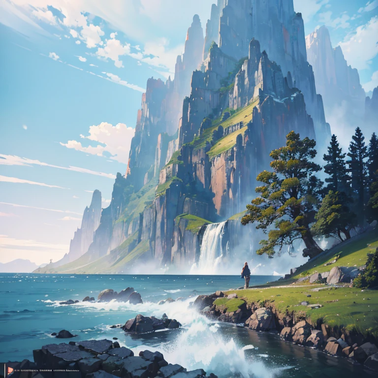 masterpiece, best quality, high quality, extremely detailed CG unity 8k wallpaper, scenery, outdoors, sky, cloud, day, no humans, mountain, landscape, water, tree, blue sky, waterfall, cliff, nature, lake, river, cloudy sky,award winning photography, Bokeh, Depth of Field, HDR, bloom, Chromatic Aberration ,Photorealistic,extremely detailed, trending on artstation, trending on CGsociety, Intricate, High Detail, dramatic, art by midjourney