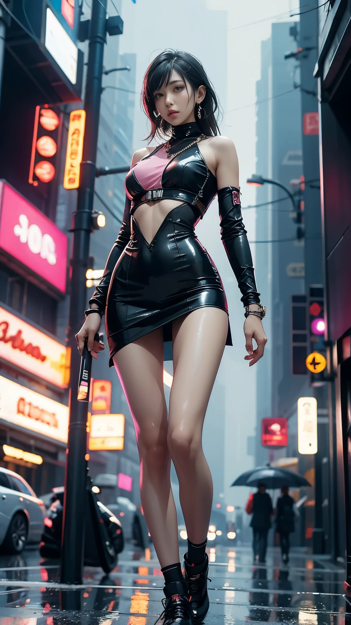 (Realistic:1.3, 16k, highest quality, masterpiece, Ultra-high resolution), ((rain, From below)), Perfect dynamic composition:1.2, (Modern futuristic city at night, Expressions of sadness:0.5, motorcycleを運転する:0.5), Highly detailed skin and facial textures:1.2, Young Japanese Woman, Incredibly slim body, Fair skin, Sexy beauty, Very beautiful face, beautifully、beautiful, (Pink tight skirt, Wear cyberpunk clothes), (Shapely breasts, Chest gap), (Big eyes that exude beautiful eroticism, Lips that exude beautiful eroticism), necklace, Earrings, bracelet, wedding ring, Shoulder bag, clock, sunglasses, motorcycle, Cowboy Shot