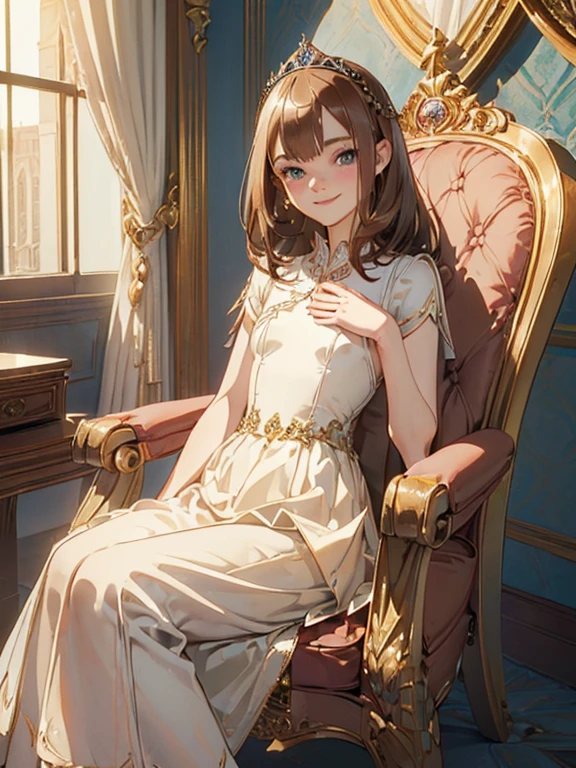 ((( masterpiece ))) ((( background : in s castle : elegant room))) ((( character : Elle Fanning : elegant brown hair : small breast : princess dress : fit body :  : sitting on a chair : innocent smile )))