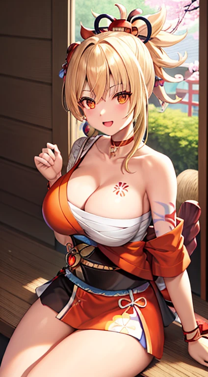 Masterpiece, Best quality, A high resolution, 1girll, Blonde hair, Medium hair, Asymmetrical hair, Floating hair, hair between eye, High ponytail, side locks, hair adornments, fish hair ornament, nipple tassels, kanzashi, bangs, Orange eyes, Open mouth, Smile, teeth, Upper teeth only, choker necklace, Red necklace, pendant choker, butterfly choker, clavicle, tattoo, chest tattoo, flower tattoo, cleavage, large breasts, Thighs, Bandages, bandaged leg, Arashi, Budget Arashi, Chest sarashi, black sash, hadanugi dousa, houkisei, Japanese clothes, komono, Kinchaku, Obi, Obiage, obijime, orange kimono, pouch, print kimono, Cord, sash, shimenawa, Short kimono, Single bare shoulder, visions (Genshin Impact), east asian architecture, Cherry blossoms, Single glove, Single fingerless gloves, arms cuffs, Sitting, Legs together,