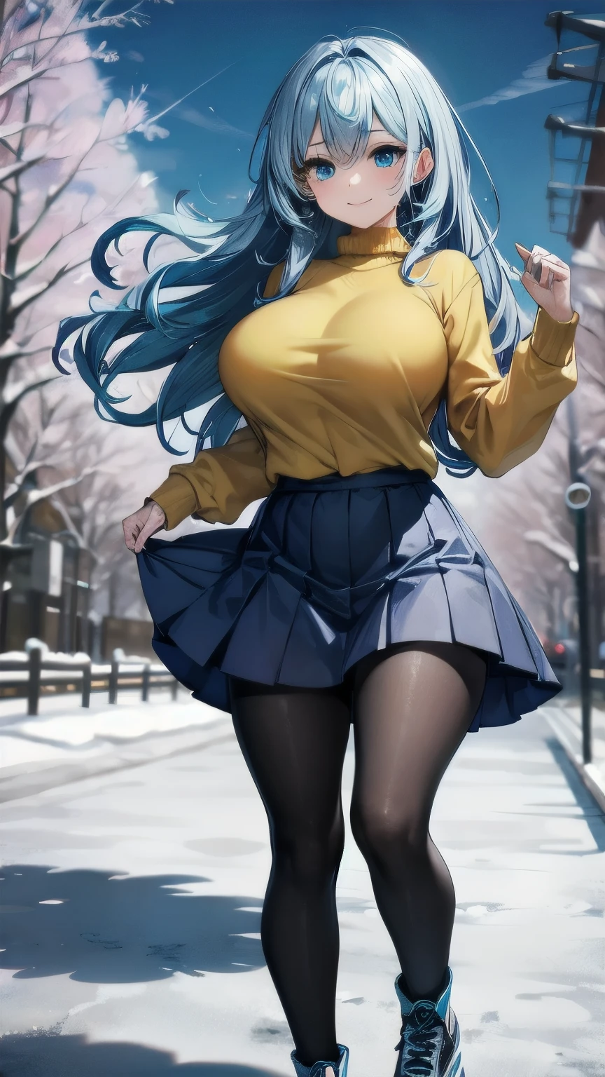 (masterpiece), best quality, emotionless eyes, perfect face, 1girl, solo, huge breasts, sad, blunt bangs, hourglass figure, milf, mother, long hair, wavy hair, (light blue hair BREAK light blue eyes BREAK) lipstick, snow forest, ice, icy floor, cloudy sky, ice skates, standing, yellow sweater BREAK black pantyhose BREAK blue skirt BREAK closed mouth, smile, dancing on ice, 