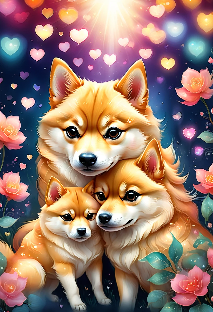 "best quality, highres, portrait:1.2, realistic, Shiba Inu, two dogs, detailed eyes, loving expressions, heart illustration, magical romantic atmosphere, vivid colors, bokeh"