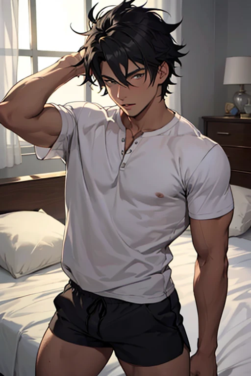 Un chico, tez blanca, culturista, musculoso, adolescente, pelo negro, shorts cortos negros, un bulto en los shorts, sin camisa, acostado en una cama, mirada seductora, hands behind the head, piernas levantadas y cruzadas, ojos verdes