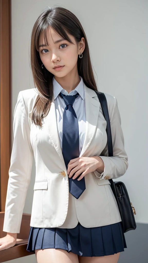 a Japanese girl walking in the school, school, a white wall, a grey table, ((master piece)), ((best quality)), ((intricate detailed)), ((Hyperrealistic)), milf, mature woman, perspective, highly detailed, illustration, ((natural beautiful breasts)), perfect hands, detailed fingers, beautiful detailed eyes, medium long hair, blown eyes, school blazer, school shirt, school dark blue mini skirt, long school necktie, earrings, detailed background, perfect eyes, looking at the viewer, from front, white panties, slender body, 168cm,