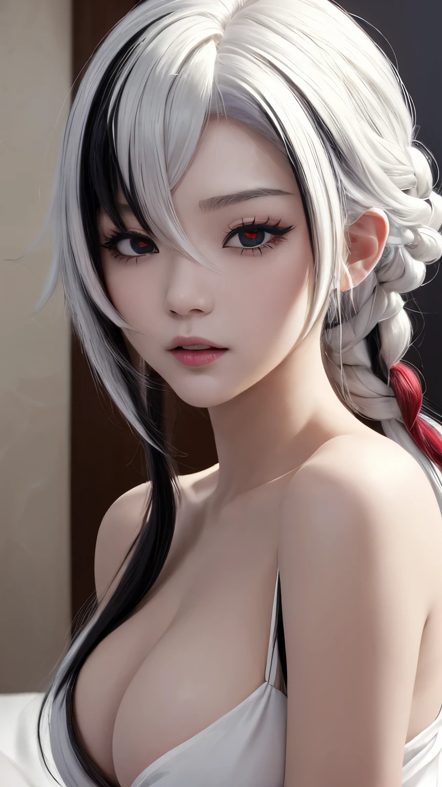 (((masterpiece))),(((portrait))),Lying in bed,White hair,Black Hair,Colorful Hair,short hair,Straight Hair,Long braids(White),Glowing red eyes,Red X pupil(focus),Cold expression,Super huge ,Diffuse light,Dynamic Shadows,锐利focus,reality,detailed,high resolution,entertaining,Not dressed,lifelike,Lifelike,Soaked,mascara,Blush,sleeveless,Youthful Look,,Fair,Blush,The expression is charming,confused,Open your mouth,Sticking out tongue,大量White粘稠液体从嘴里流出,Above the waist