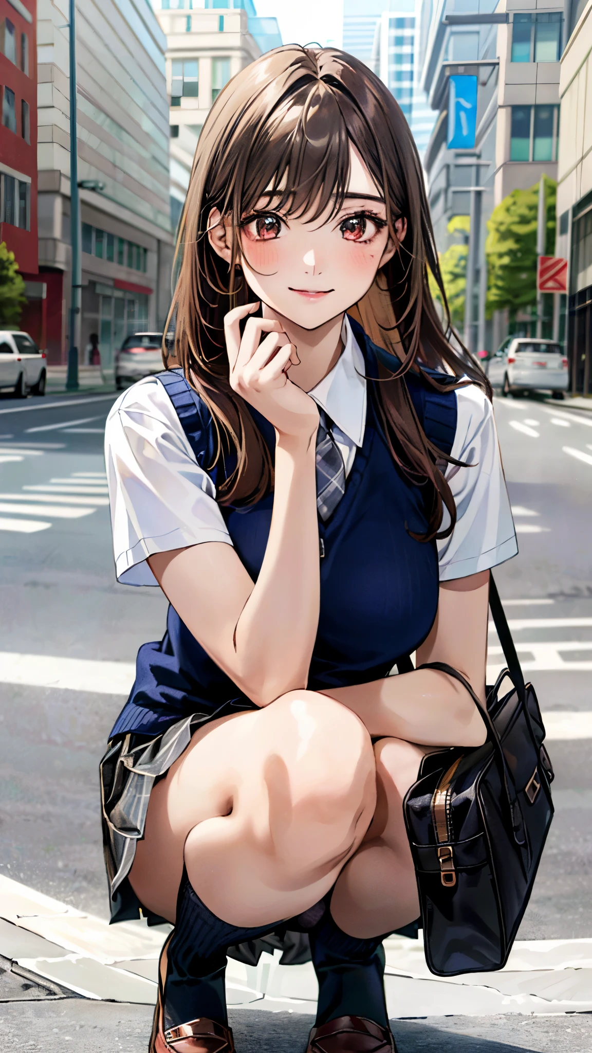 (masterpiece:1.3, top-quality), ultra high res, ultra detailed, (realistic, photorealistic:1.4), beautiful illustration, perfect lighting, colorful, depth of fields,
looking at viewer, (face focus, upper body), 1 girl, solo, hight school girl, gravure model, (large breasts:0.8, large ass, seductive thighs, skindentation),
(long hair:1.2, straight hair:1.2, hair intakes, bronze hair), asymmetrical bangs, (brown) eyes, drooping eyes, big eyes, shiny skin,
beautiful hair, beautiful face, extremely detailed face, beautiful detailed eyes, beautiful clavicle, beautiful body, beautiful chest, beautiful thigh, beautiful legs, beautiful fingers,
(detailed cloth texture, navy knit vest, collared short sleeve white shirt, grey plaid pleated skirt, grey plaid tie), black socks, white panties, black school bag,
(beautiful scenery), evening, (downtown, ), squatting, (lovely smile. upper eyes),