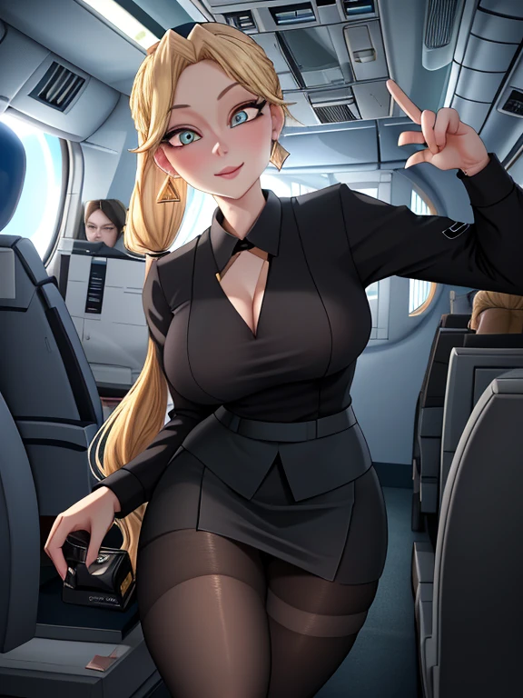 masterpiece, best quality, Extremely detailed_Eyes, Sexy Breasts, (eyes liner:0.5),(Blush:0.5),Blonde hair,Simple Diamond Earrings, pony tails, view the viewer, Light smile, finger nails, beautiful fingers, ((Flight attendant uniform)), (Black pantyhose:1.1), Black high heels, Black short skirt uniform, on board plane（(inside airplane：1.2, Motion capture)), Perfect Anatomy,(Professional Lighting), 4k textures, raw photo, epic artistic, photoreal art, sharp focus, even lighting, insane details, intricate details, hyperdetailed, rich colors,
