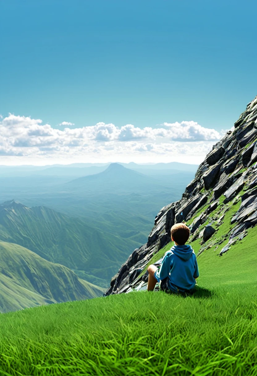 I want you to generate a super realistic image where a mountain appears around it with its green grass and on top of that mountain there is a boy sitting looking towards the sky so that the sky is light blue and in that sky a faded angel appears saying goodbye to the boy