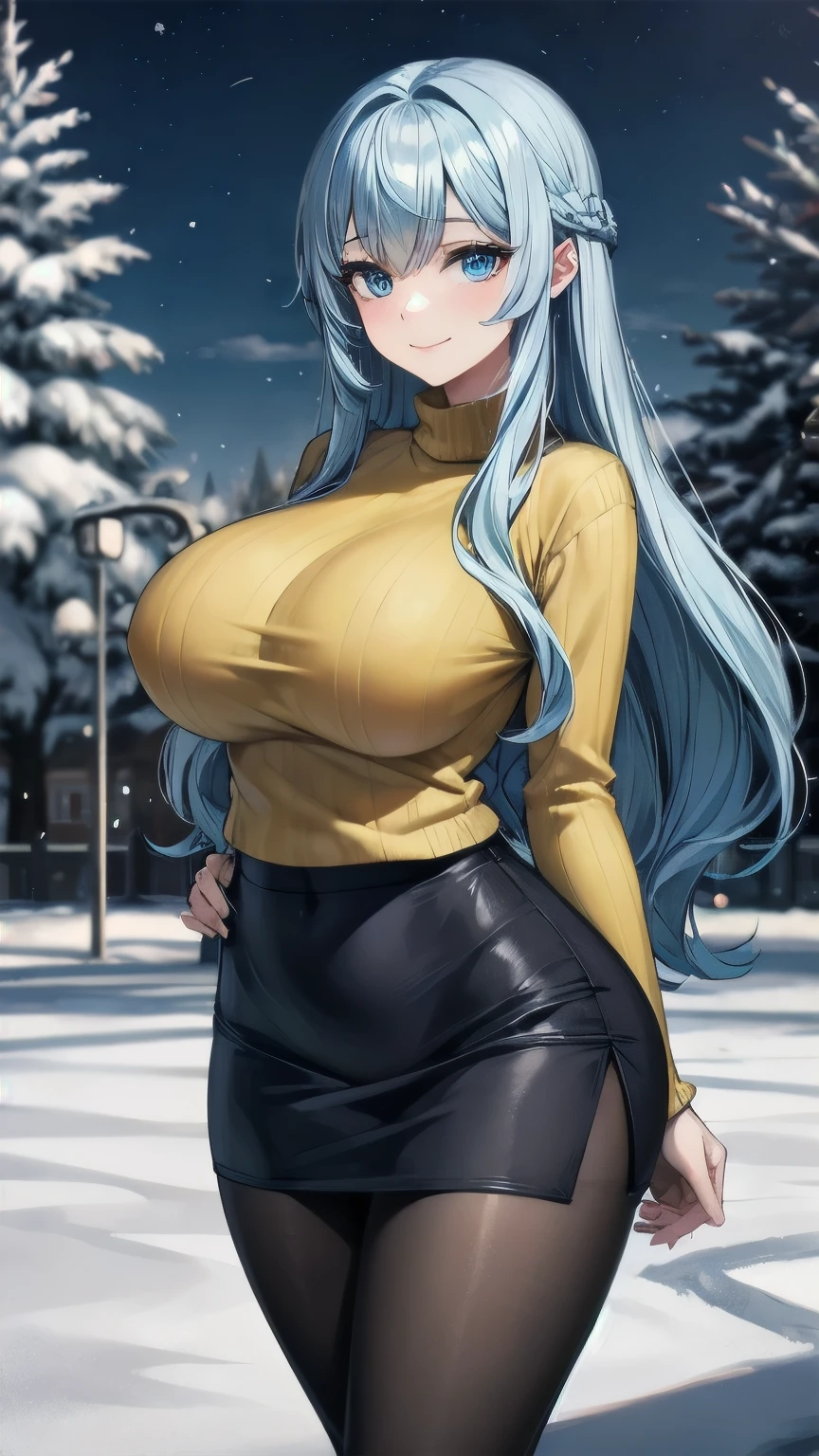 (masterpiece), best quality, emotionless eyes, perfect face, 1girl, solo, huge breasts, sad, blunt bangs, hourglass figure, milf, mother, long hair, wavy hair, (light blue hair BREAK light blue eyes BREAK) lipstick, snow forest, ice, icy floor, cloudy sky, ice skates, standing, yellow sweater BREAK black pantyhose BREAK blue skirt BREAK closed mouth, smile, dancing on ice, 