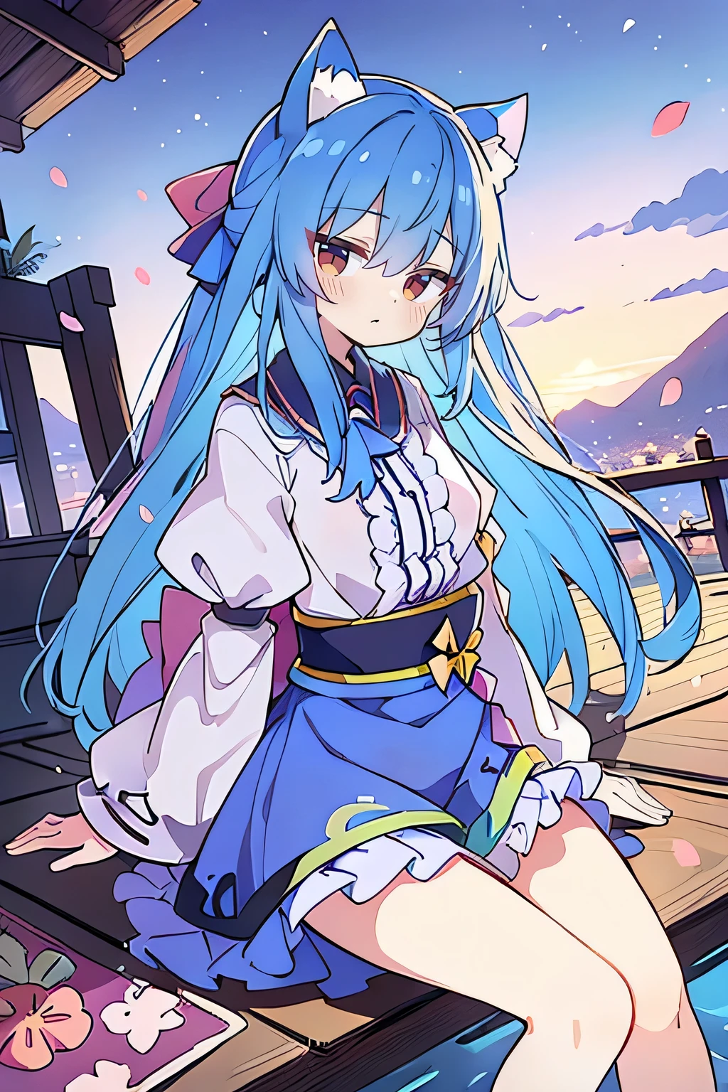 (masterpiece:1.2),Super detailed,Practical,expressive eyes,Fair skin,Perfect face shaping,1 Girl,
Japanese cartoons,Gorgeous blue hair, the long flowing blue hair,Floating clothes,Cat ears,Petals falling,beautiful lola,Young Angel,
Hands on waist,sit elegantly on the ground,Cross your legs,Gentle and peaceful background,Cool and cozy pavilion,Sunset,