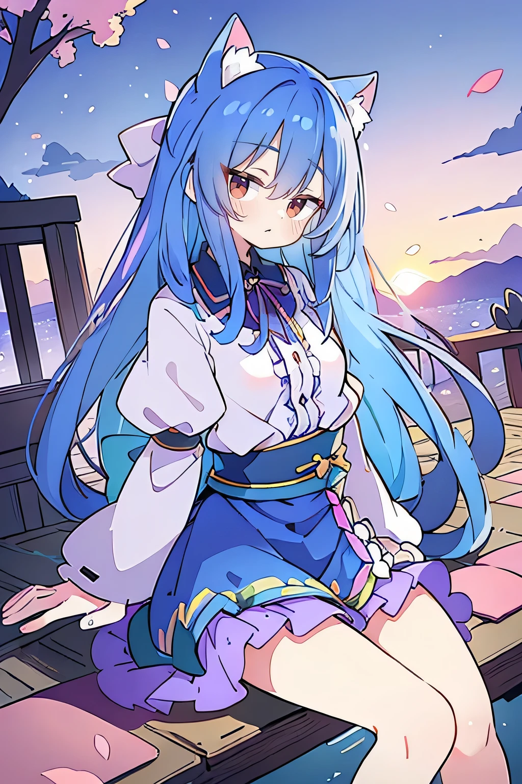 (masterpiece:1.2),Super detailed,Practical,expressive eyes,Fair skin,Perfect face shaping,1 Girl,
Japanese cartoons,Gorgeous blue hair, the long flowing blue hair,Floating clothes,Cat ears,Petals falling,beautiful lola,Young Angel,
Hands on waist,sit elegantly on the ground,Cross your legs,Gentle and peaceful background,Cool and cozy pavilion,Sunset,