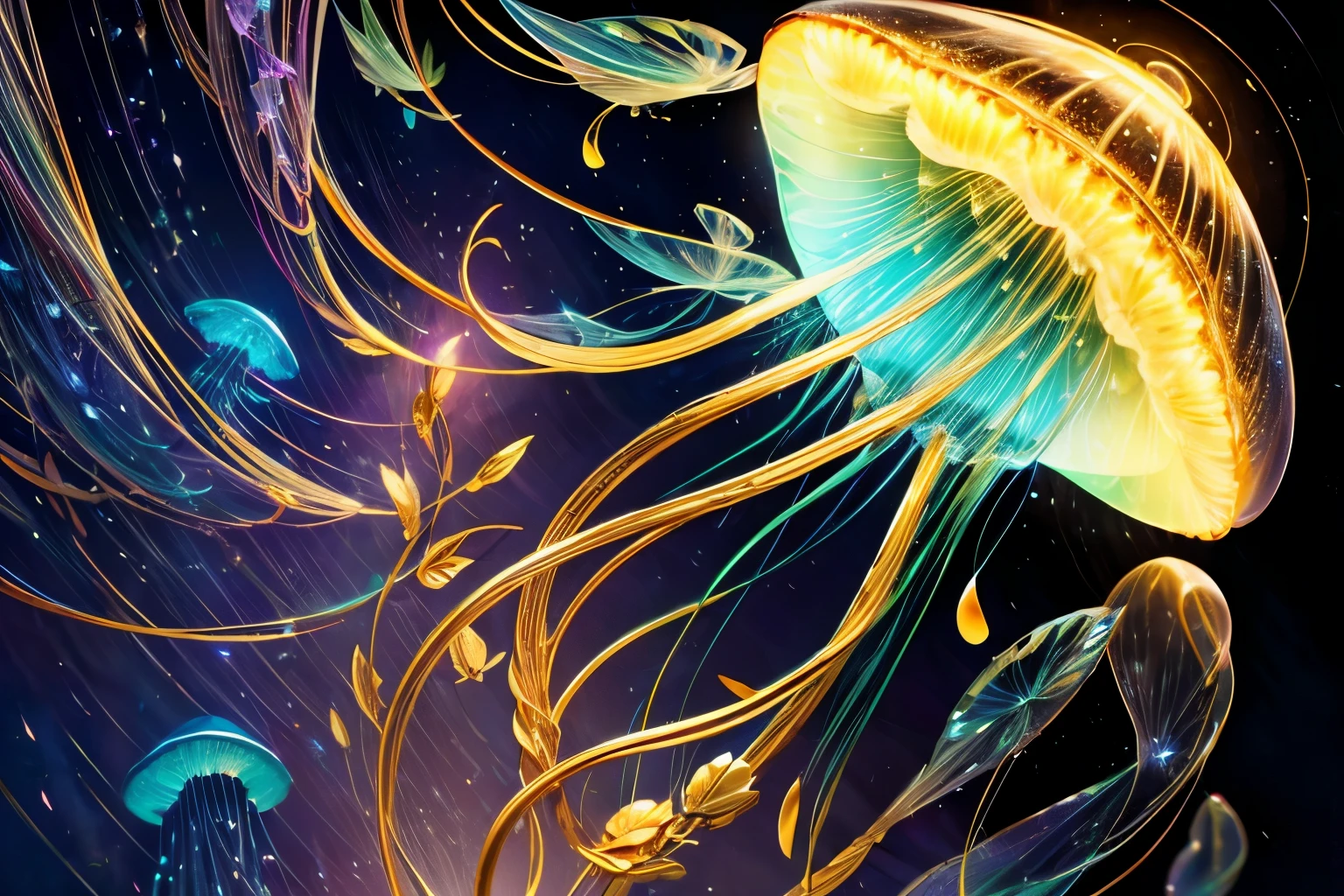 Top quality, glowing jellyfish flying into the night sky, perspective from below, close-up on large jellyfish, fantastic