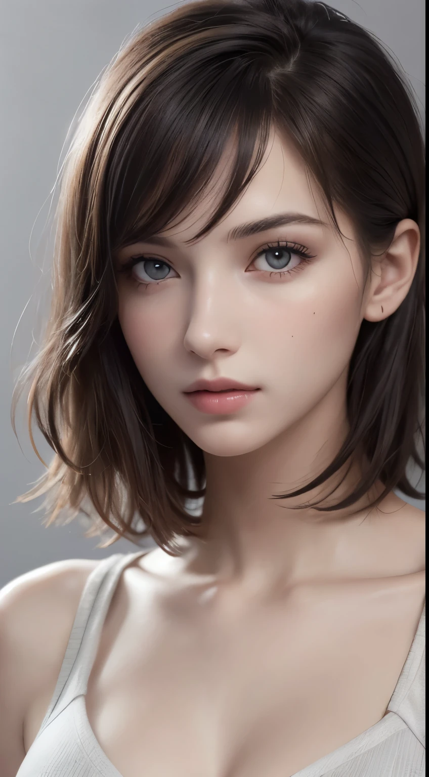 8K uhd、RAWphotograph、モデルphotograph撮影、 European race、(masterpiece、highest quality、Photorealistic、High resolution、photograph:1.3)、Close-up、Focusing、Hot Model、slim、30 year old mature woman、Small face、No makeup、Short Hair、Dark Brown Hair、Fine beautiful eyes、Realスキン、(perfect body)、Sexy hot face、Erotic、Sexual gaze、slim、Sweat top、Detailed beautiful eyes、Glossy lips、Small breasts、Small breasts、Bust B cup、((Bright light、Dynamic lighting、Real、超Real、 realism、Realなディテール、Cool beauty、Cool pose、Background gray、Plain grey background