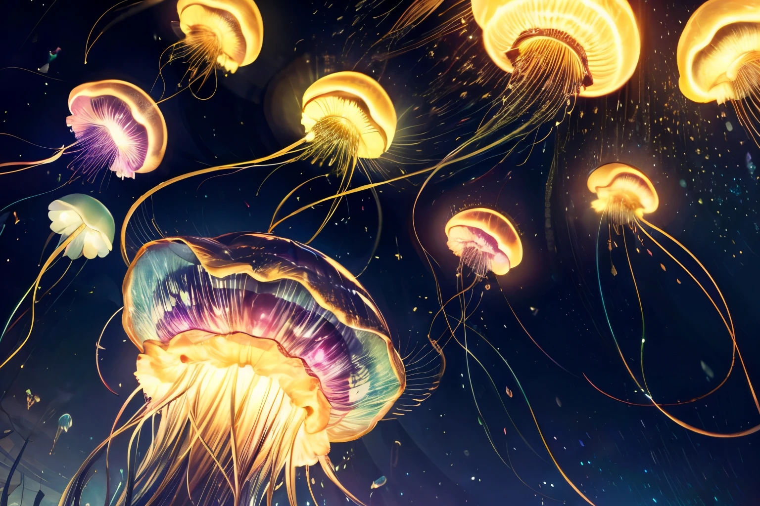 Top quality, glowing jellyfish flying into the night sky, perspective from below, close-up on large jellyfish, fantastic