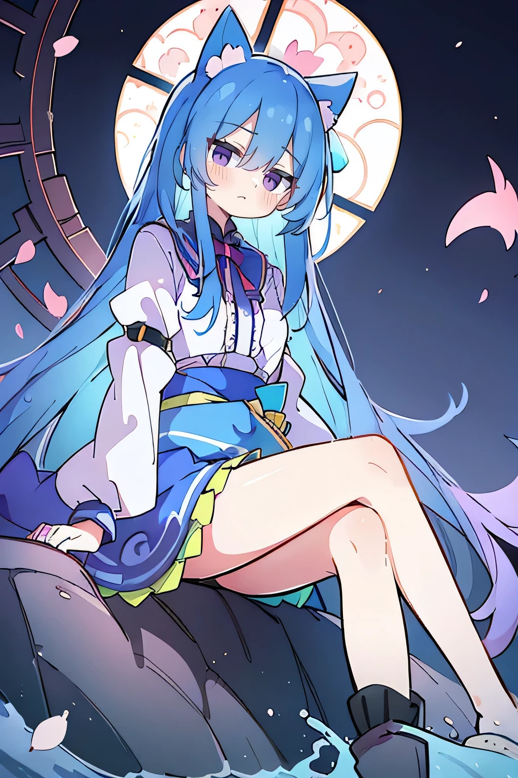 (masterpiece:1.2),Super detailed,Practical,expressive eyes,Fair skin,Perfect face shaping,1 Girl,
Japanese cartoons,Gorgeous blue hair, the long flowing blue hair,Floating clothes,Cat ears,Petals falling,beautiful lola,Young Angel,
Hands on waist,sit elegantly on the ground,Cross your legs,Gentle and peaceful background,Cool and cozy pavilion,Sunset,