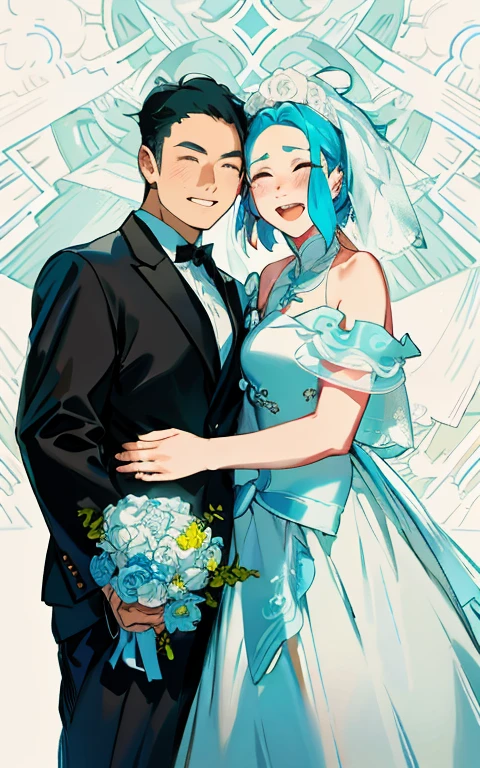 bride and groom in formal attire posing for a photo, wedding photo, cute couple, Ruan Jia and Fenghua Zhong, Happy couple, in front of white back drop, Bride and groom, hi - res scan, High-resolution scanning, Wedding, couples portrait, photo taken with canon 5d, close - up studio photo, taken with canon eos 5 d