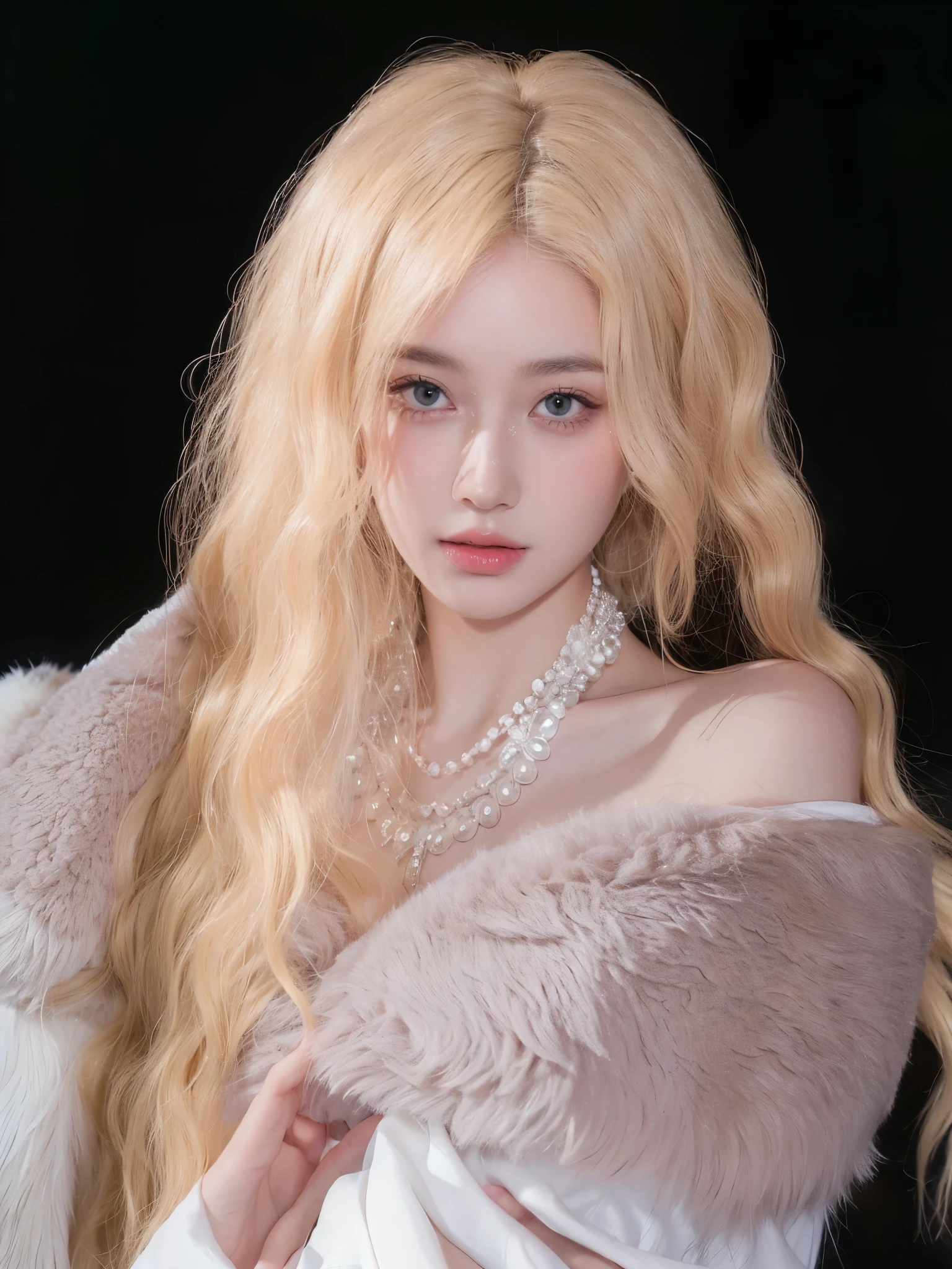 Blonde curly hair，Natural and beautiful hair ，Uniform color，Background black mysterious
