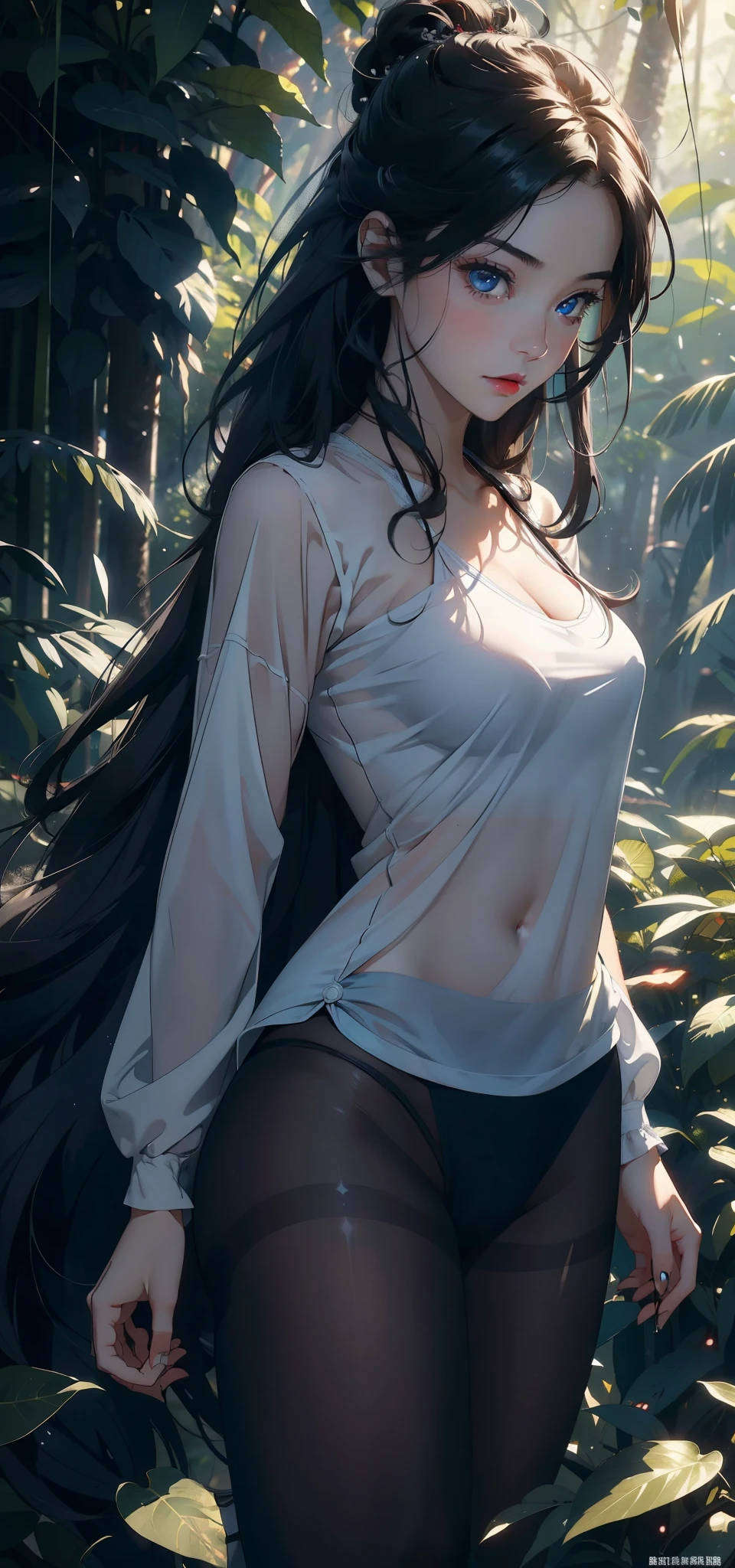 1 female,Small (background:In the woods,Rainforest,In the summer,Strong wind) She has long black hair,Extra long hair,Long hair flying,Straight Hair,Red lips,stand up,Front view, OK, Gloomy sky,(((masterpiece),(Highly detailed CG Unity 8k wallpaper),最OK质量,Light,详细background,Beautiful blue eyes,(Very delicate and beautiful),(Beautiful and detailed description of the eyes),Super detailed,masterpiece,)),face camera,high resolution,Super detailed),Exposing breaosing genitals, Cmel toe,Sexy bulgorce(wear:ack pantyhose)