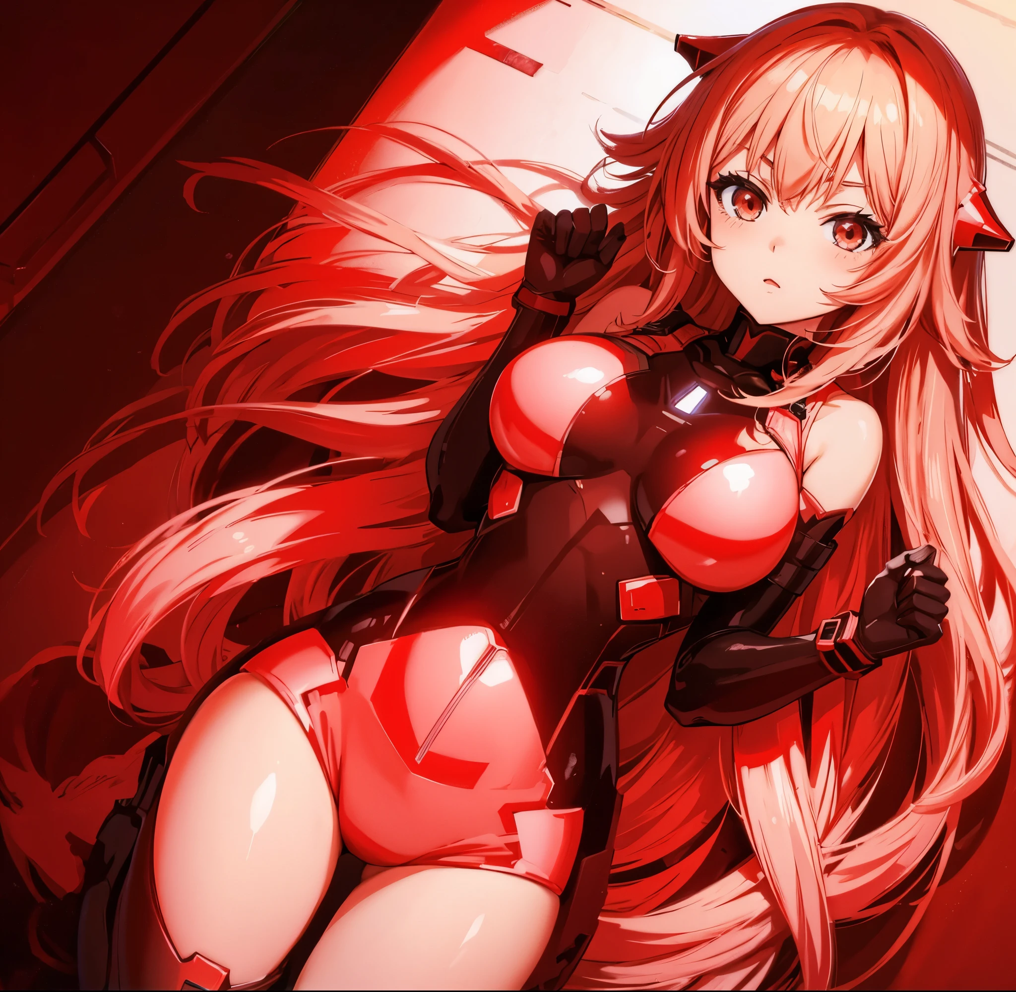 Anime girl, red nano armor, skintight, tech armor, sci fi, sexy,