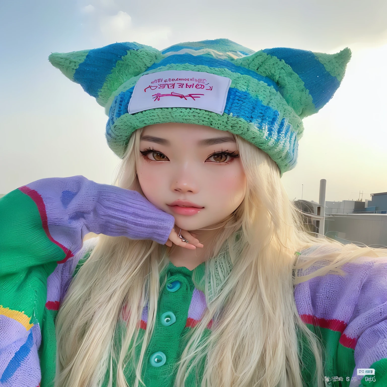 a Close up of a person wearing a hat and sweater, parque roseanne de blackpink, muito linda gatinha fofa, Ulzzang, Cl, Bela Delfina, ava max, sakimichan, Jaeyeon Nam, cute colorful adorable, retrato de Kim Petras, com orelhas de gato, kemonomimi, Hong junho hyung, adorable and pale korean face