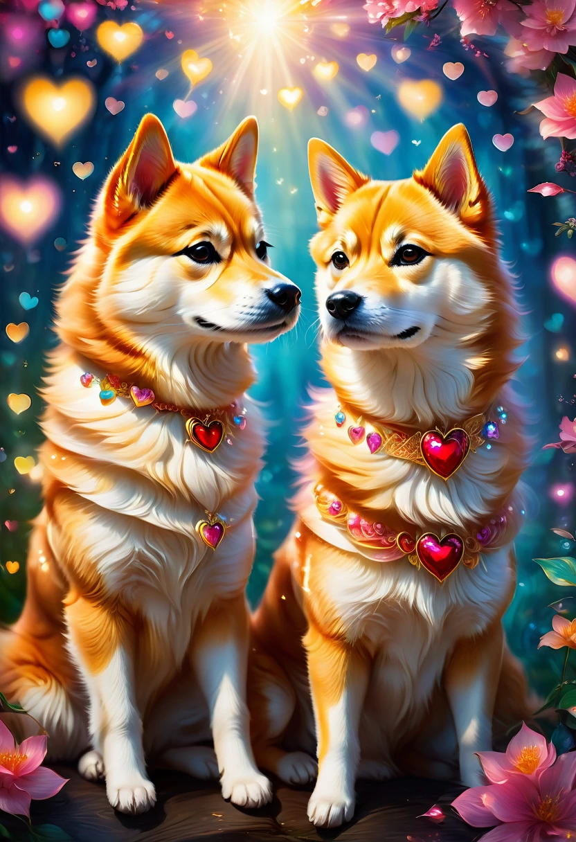 (best quality, highres, portrait:1.2, realistic, Shiba Inu, two dogs, detailed eyes, loving expressions, heart illustration, magical romantic atmosphere, vivid colors, bokeh) 

In a stunning portrait composition, two Shiba Inu dogs are showcased with the highest quality, high-resolution details. Their adorable faces capture the viewer's attention, with enchantingly detailed eyes that radiate charm and warmth. The dogs' expressions convey pure love and affection, melting hearts instantly. The scene is embellished with a heart-shaped illustration, emphasizing the deep bond and unbreakable connection between the two canines. 

An aura of magic and romance envelops the entire atmosphere, with a dreamlike quality that transports viewers into a world of whimsical beauty. Vivid colors illuminate the scene, adding vibrancy and depth to the image. The carefully arranged bokeh effect creates a soft, ethereal background, enhancing the enchanting ambiance. 

This portrait is crafted with a realistic touch that brings every fur strand and subtle texture to life. The image exudes professionalism in its masterful execution, resembling a photographic capture that is both detailed and lifelike. 

The prompt captures the essence of a high-quality, realistic portrait of two Shiba Inu dogs, merging their loving expressions with a heart illustration and a magical romantic atmosphere. The vibrant colors and bokeh effect further enhance the overall visual impact, resulting in a breathtaking piece of art.