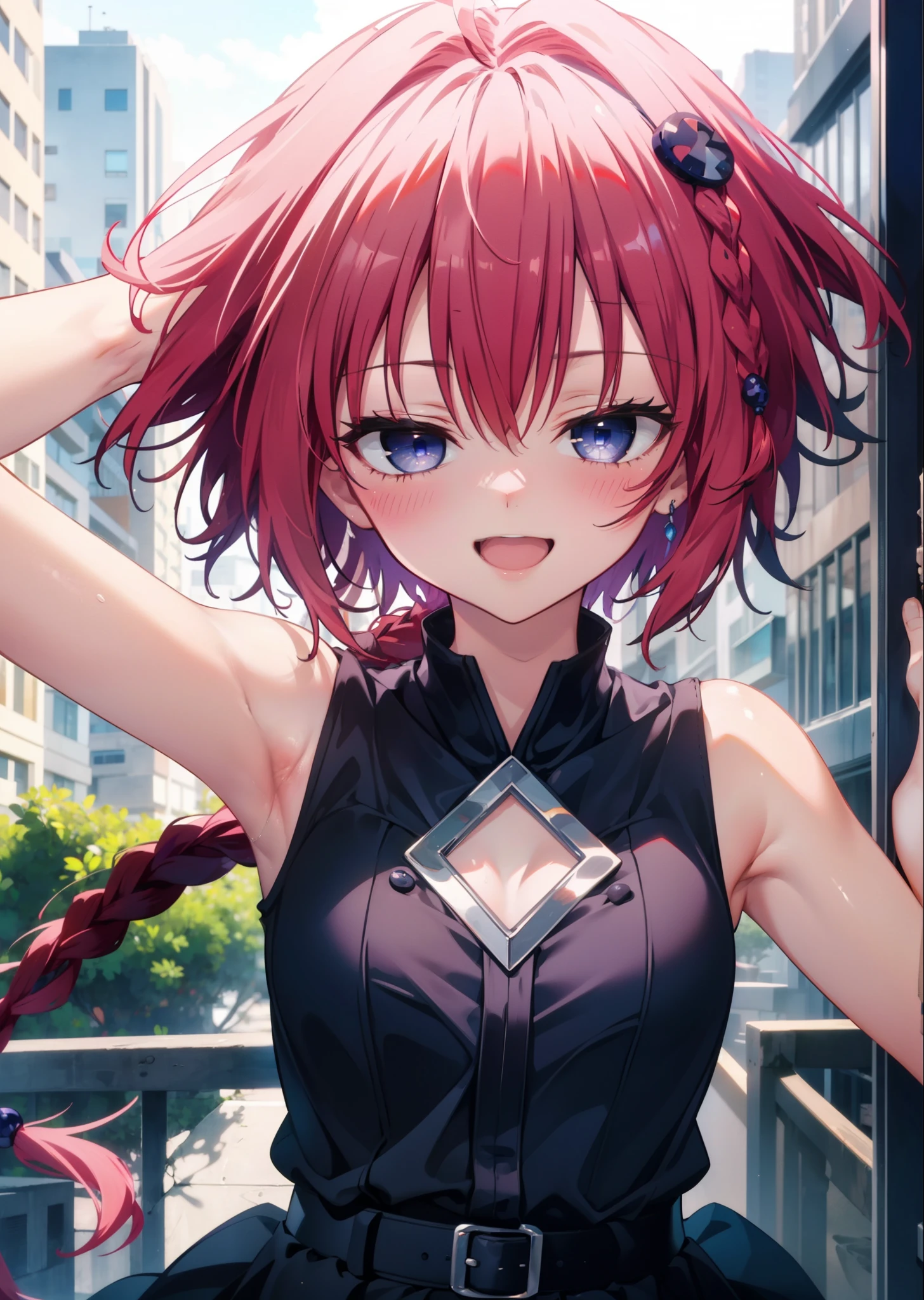 (masterpiece, highest quality:1.2),shape,8k,High resolution,kurosaki mea,Cowboy Shot,As if your whole body is in the illustration,1 girl,happy smile, smile, Open your mouth,Red hair,Long braids,Upper Body,(Portraiture:1.2),hair ornaments,smile,Purple eyes,Medium Chest,White Hair Band,Sleeveless dress,Long skirt,Cute Sandals,happy smile, smile, Open your mouth,smile,blush, Building district (Cowboy Shot:1. 5),(masterpiece:1.2), highest quality, High resolution, unity 8k wallpaper, (shape:0.8), (Beautiful and detailed:1.6), Highly detailed face, Perfect lighting, Extremely detailed CG, (Perfect hands, Perfect Anatomy),