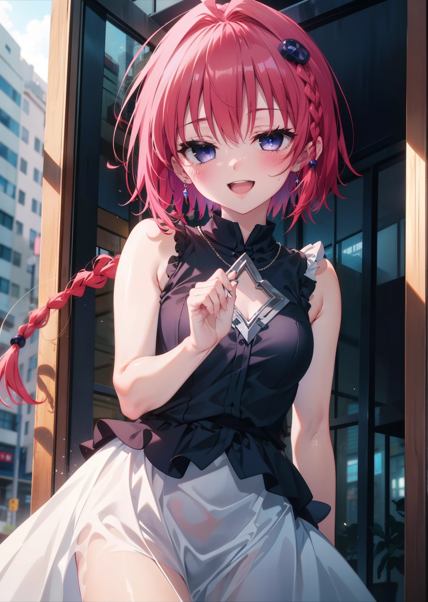 (masterpiece, highest quality:1.2),shape,8k,High resolution,kurosaki mea,Cowboy Shot,As if your whole body is in the illustration,1 girl,happy smile, smile, Open your mouth,Red hair,Long braids,Upper Body,(Portraiture:1.2),hair ornaments,smile,Purple eyes,Medium Chest,White Hair Band,Sleeveless dress,Long skirt,Cute Sandals,happy smile, smile, Open your mouth,smile,blush, Building district (Cowboy Shot:1. 5),(masterpiece:1.2), highest quality, High resolution, unity 8k wallpaper, (shape:0.8), (Beautiful and detailed:1.6), Highly detailed face, Perfect lighting, Extremely detailed CG, (Perfect hands, Perfect Anatomy),