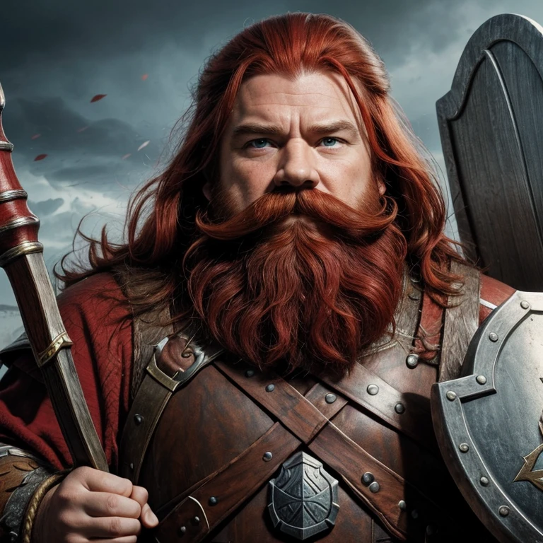 masterpiece, dwarf, male, solo, warrior, platemail, iron armor, red hair, red beard, red mustache, portrait, looking away, prime age, holding battle axe, iron helmet, holding shield