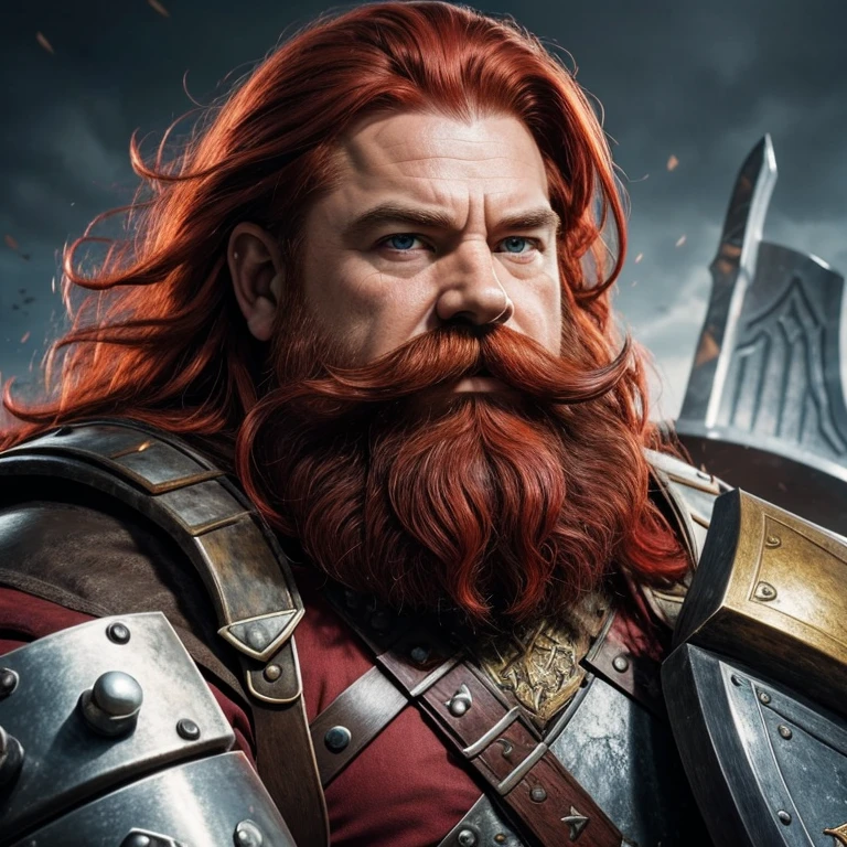 masterpiece, dwarf, male, solo, warrior, platemail, iron armor, red hair, red beard, red mustache, portrait, looking away, prime age, holding battle axe, iron helmet, holding shield