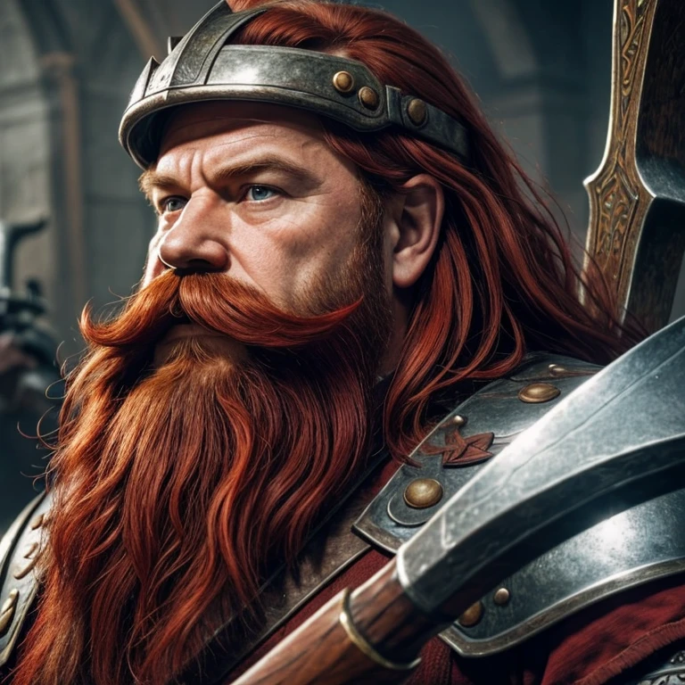 masterpiece, dwarf, male, solo, warrior, platemail, iron armor, red hair, red beard, red mustache, portrait, looking away, prime age, holding battle axe, iron helmet, holding shield