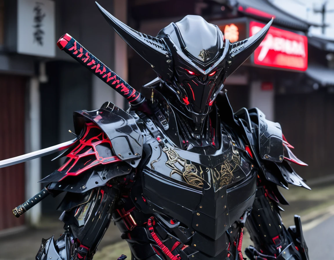 araffe dressed in a black suit holding a sword and a sword, cyborg samurai, cyber japan samurai armor, cyberpunk samurai, very beautiful cyberpunk samurai, full samurai armor spiderman, bio - mechanical ninja samurai, portrait of a cyberpunk samurai, cyber japan style armor, cyber japan armor, celtic and cyberpunk armor, black bull samurai, intricate assasin mecha armor