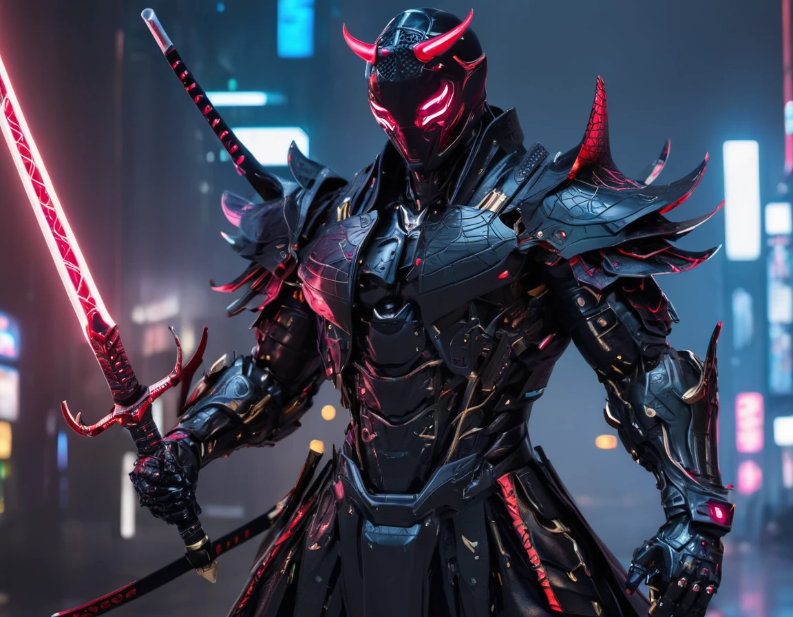 araffe dressed in a black suit holding a sword and a sword, cyborg samurai, cyber japan samurai armor, cyberpunk samurai, very beautiful cyberpunk samurai, full samurai armor spiderman, bio - mechanical ninja samurai, portrait of a cyberpunk samurai, cyber japan style armor, cyber japan armor, celtic and cyberpunk armor, black bull samurai, intricate assasin mecha armor