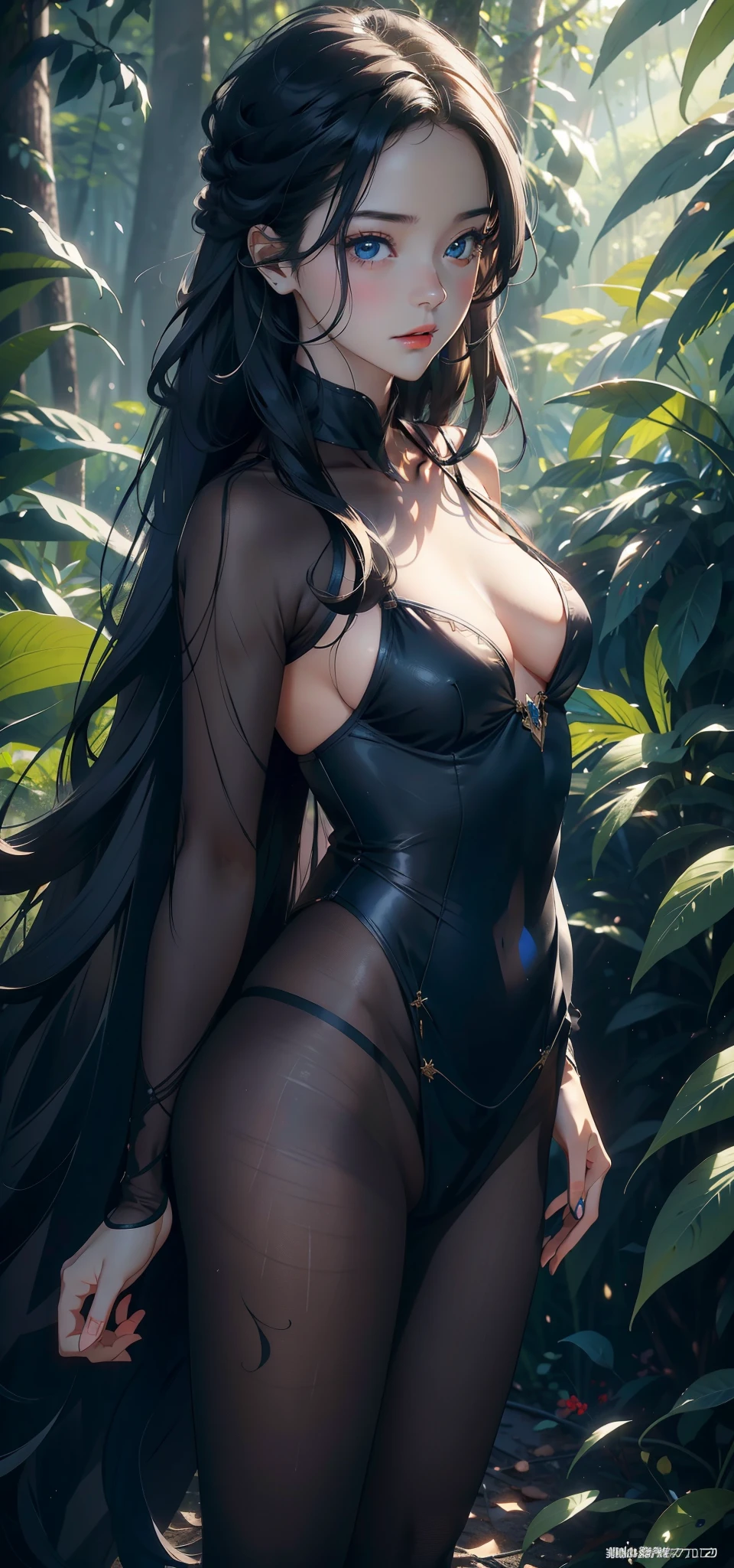 1 female，Small （background：In the woods，Rainforest，In the summer，Strong wind） She has long black hair，Extra long hair，Long hair flying，Straight Hair，Red lips，stand up，Front view， OK， Gloomy sky，（（（masterpiece），（Highly detailed CG Unity 8k wallpaper），最OK质量，Light，详细background，Beautiful blue eyes，（Very delicate and beautiful），（Beautiful and detailed description of the eyes），Super detailed，masterpiece，）），face camera，high resolution，Super detailed），Exposing breasts，Exposing genitals， Convex，Camel toe，Sexy bulge，us airforce（wear：，Black pantyhose）