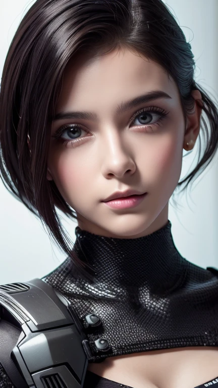 (obra de arte, Melhor qualidade), detalhes intrincados, realista, photorealista, garota de 18 anos com malha prateada e maquiagem cyber punk, corte de cabelo punk