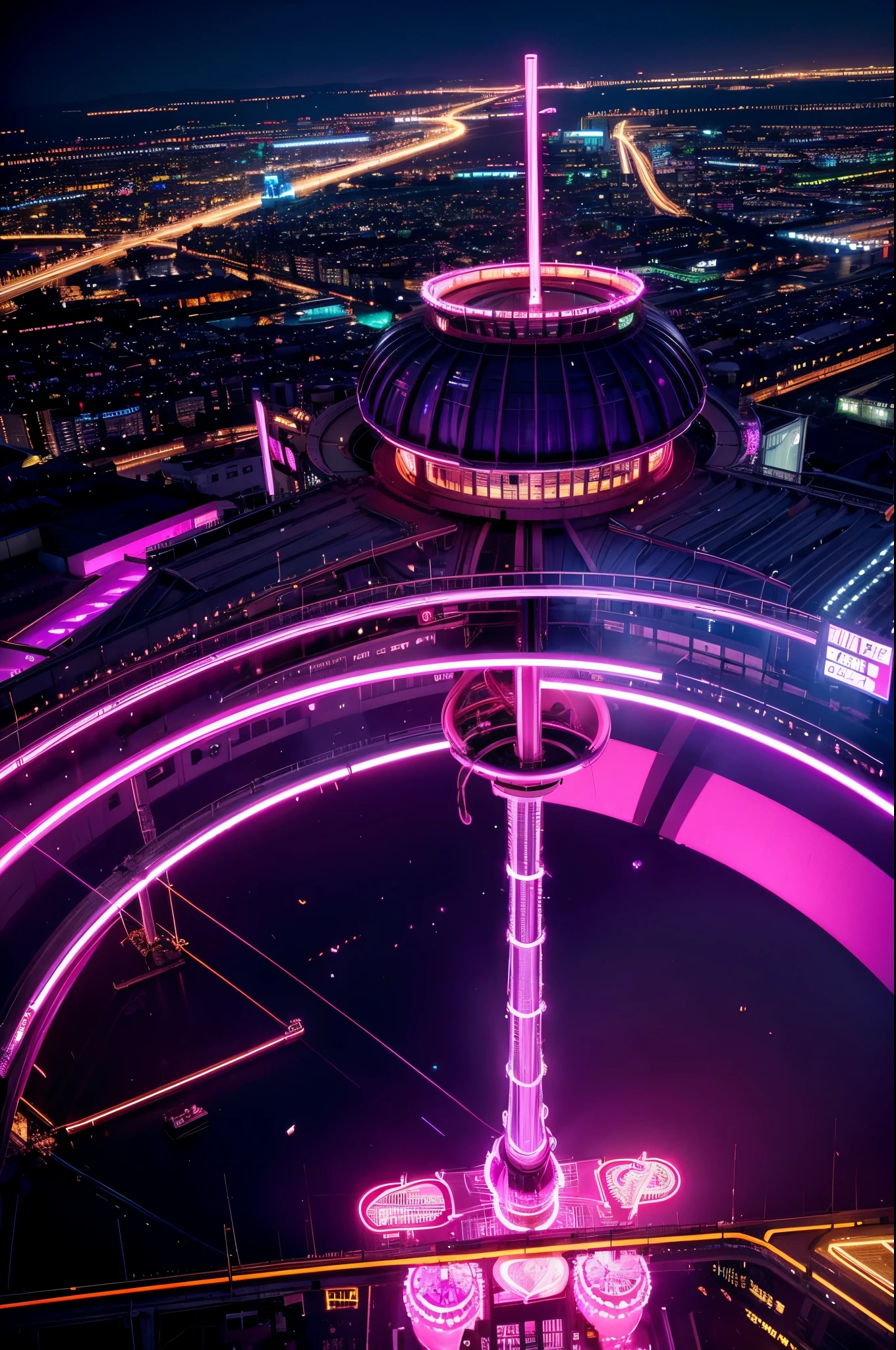 glowneon, cinematic film still, A glowing city from above emitting pink and white neon light, dark amethyst