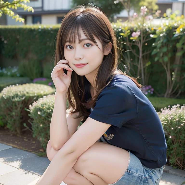 In 8K,highest quality:1.4, 超A high resolution:1.5, (Realistic:1.4),masterpiece:1.2,(highest quality:1.4)、 RAW Photos、 (From the knee up:1.6, From the side:0.7), (The background is blurred), garden,Full Body Shot:1.4、 1 Japanese girl, cute, (alone), (A shy smile), Smooth skin、Tshirt、Denim shorts、 (Brown medium hair,bangs), (Touching your hair:1.4)、Nogizaka、cute、Flexible fingertips,Beautiful dark eyes、Natural skin texture:1.3, Realistic eye and facial details:1.7、Mid-ed、Sculpture Pose:1.1、Tight ass、Stng at the audience