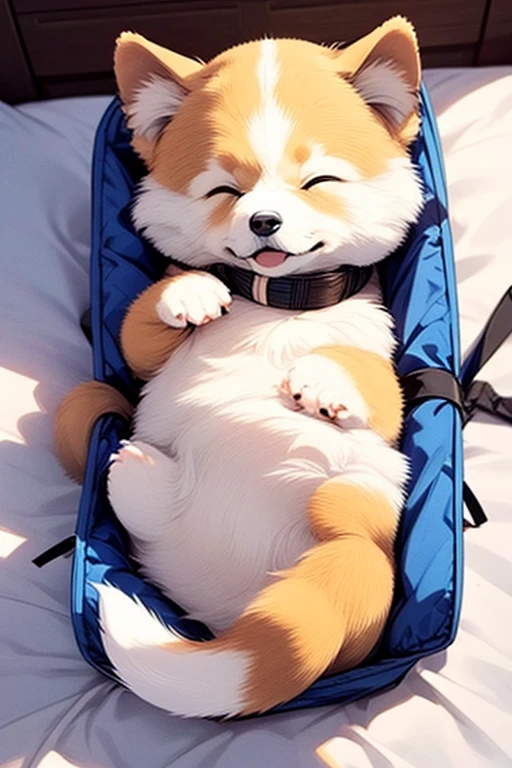 shiba dog is sleeping with his stomach shown