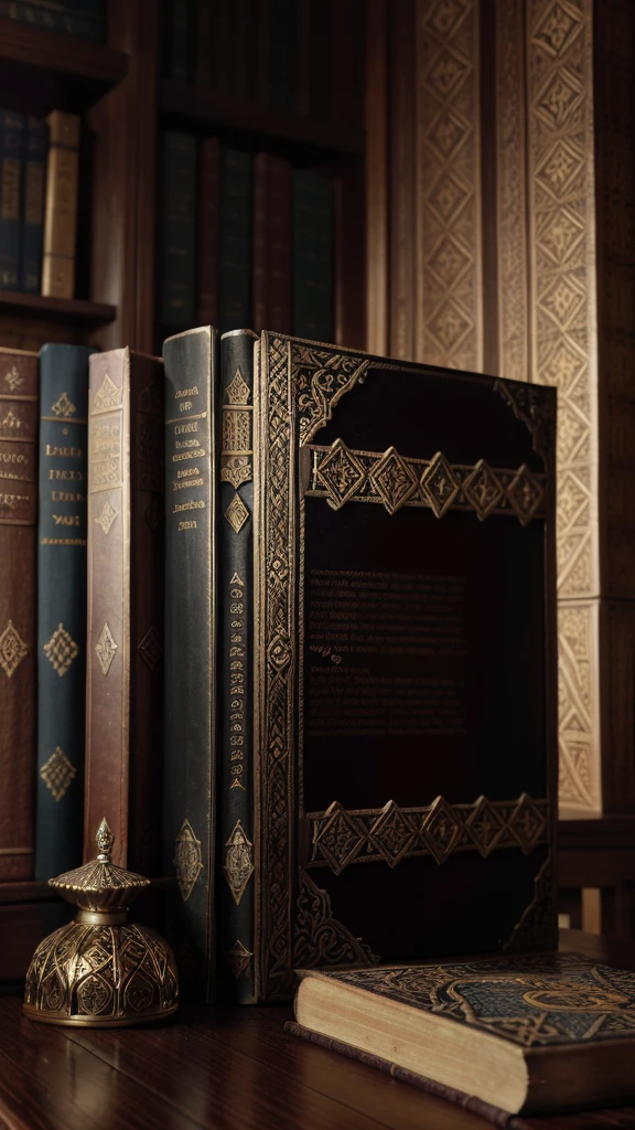 (Absurdres, Intricate Details, Masterpiece, Best Quality, High Resolution, 8k) an open ancient book, book above the table, book with ancient cover, book with shine dark qura, book with magic, magic book, dark magic book. Bright library background. Not human, no human in this picture. Just a book.