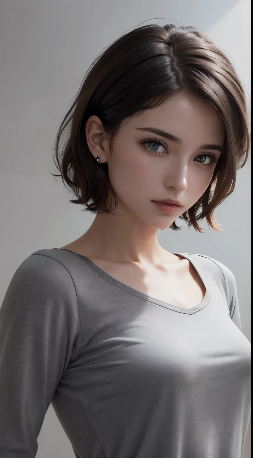8K uhd、RAWphotograph、モデルphotograph撮影、 European race、(masterpiece、highest quality、Photorealistic、High resolution、photograph:1.3)、Close-up、Focusing、Hot Model、slim、30 year old mature woman、Small face、No makeup、Short Hair、Dark Brown Hair、Fine beautiful eyes、Realスキン、(perfect body)、Sexy hot face、Erotic、Sexual gaze、slim、Sweat top、Detailed beautiful eyes、Glossy lips、Small breasts、Small breasts、Bust B cup、((Bright light、Dynamic lighting、Real、超Real、 realism、Realなディテール、Cool beauty、Cool pose、Background gray、Plain grey background