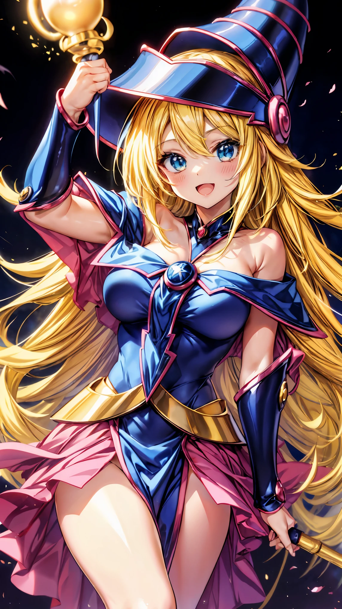 Very detailed、highest quality、Best image quality、masterpiece、8k、Anime Face、A kind smile、Open your mouth、Blonde Hair Color、Black Magician Girl