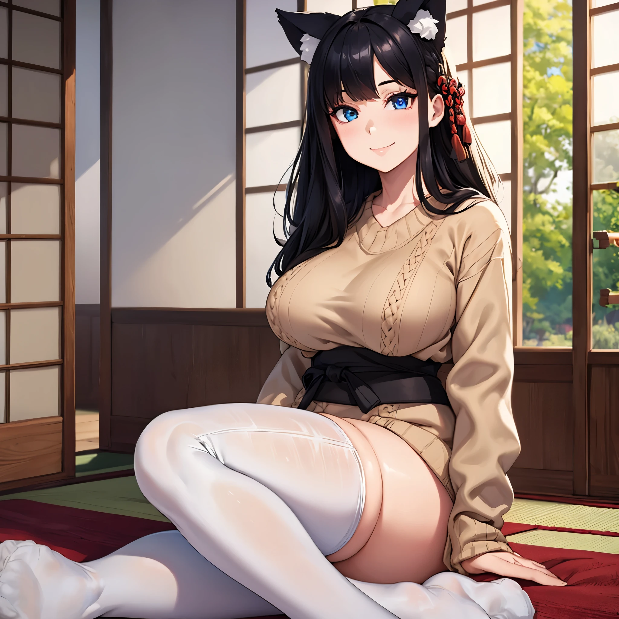 a woman wearing a beige sweater, with exposed thigh, long white stockings, large breasts, long black hair, neko ears, blue eyes, smiling, bangs in her hair, in a modern Japanese covering,(solo woman), HDR, ultra resolution, sharp, masterpiece, 8K HD
